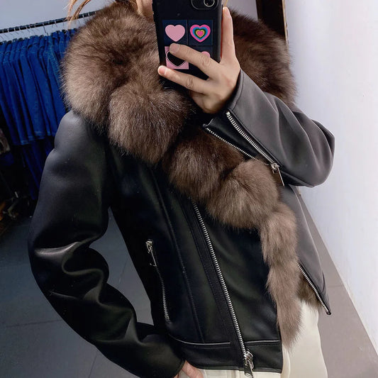 Fox Fur Collar Real Leather Women's Zipper Streetwear Jacket