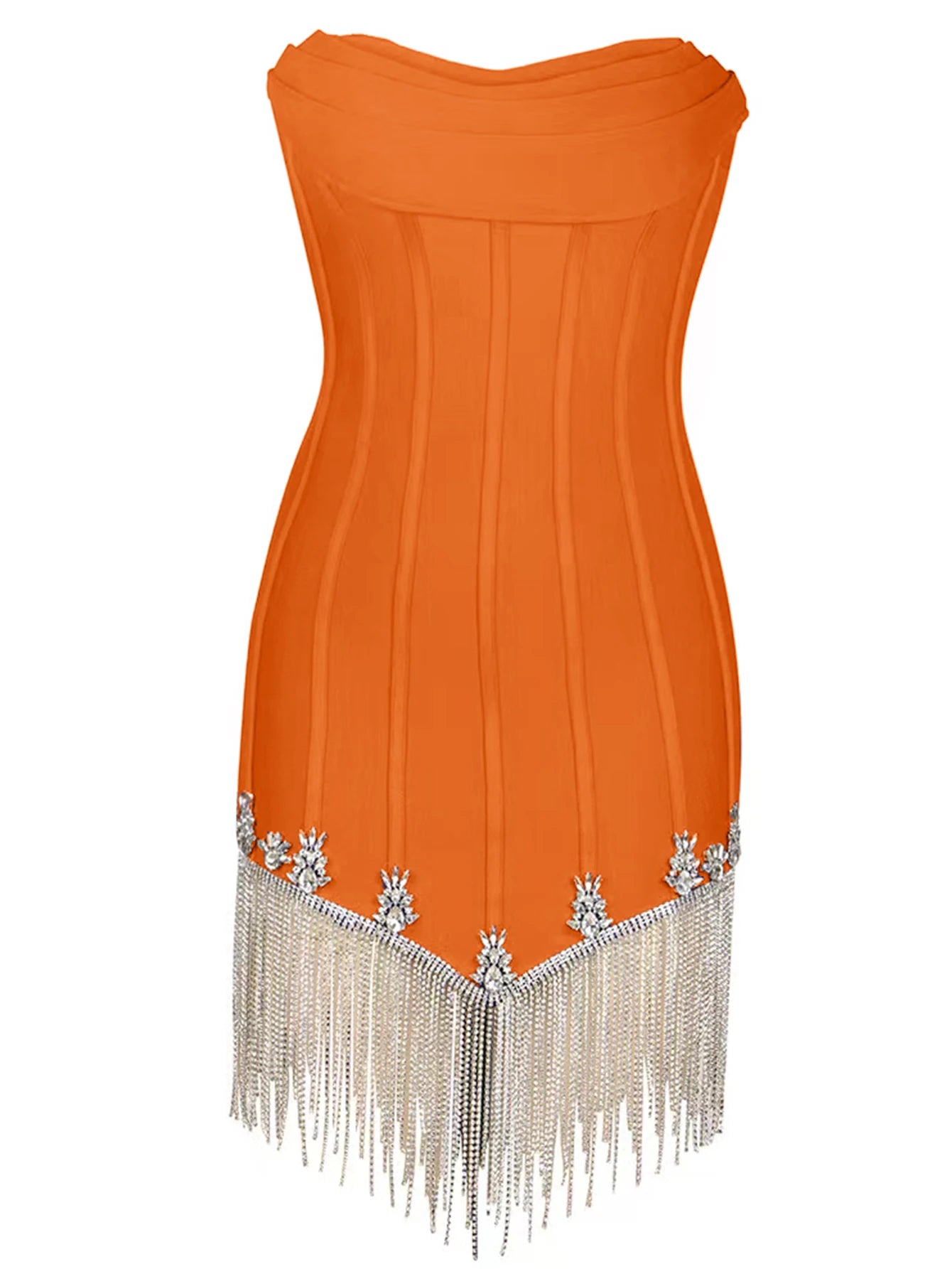 Crystal Metallic Tassel Fringe Strapless Camisole Backless Bodycon Tube Bandage Formal Party/Prom Mini Dress