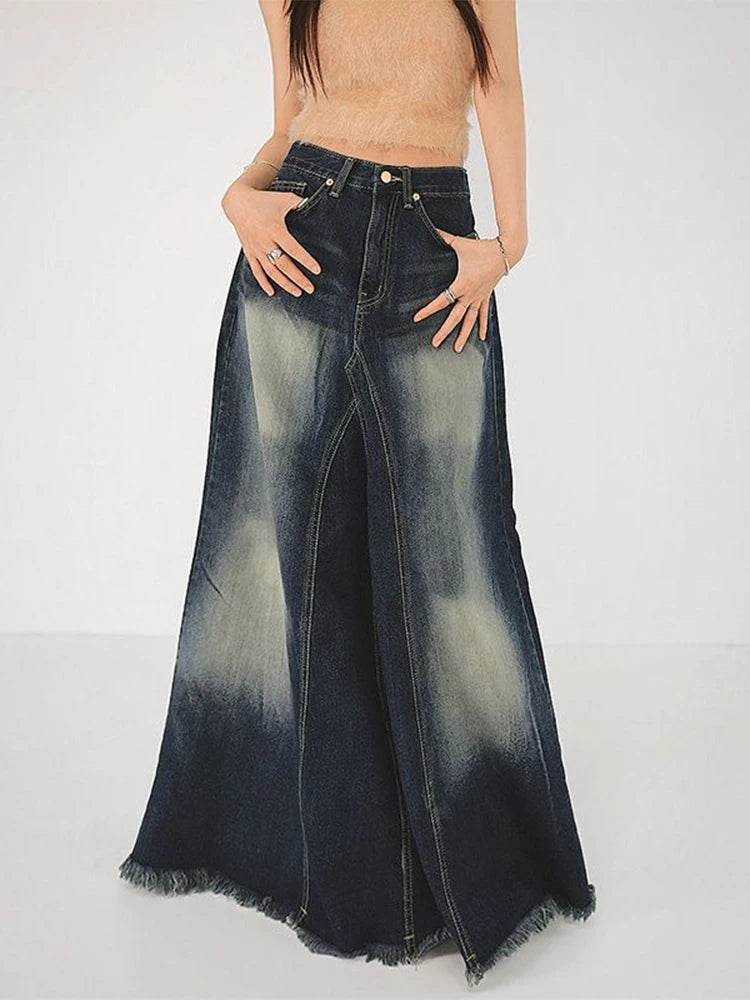 Denim Faded Colorblock Oversized Washed Blue A-Line Vintage Aesthetic Cowgirl Maxi Overlay Jean Skirt