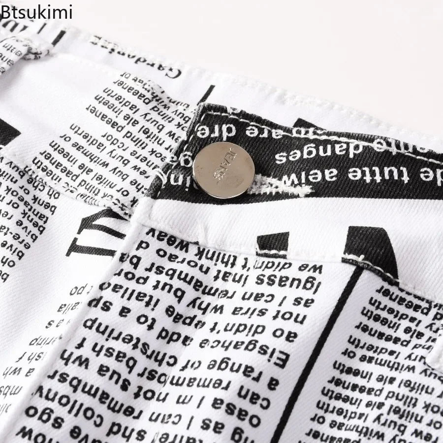 Men's Denim Black & White Newspaper Print Ruched Skinny Jeans