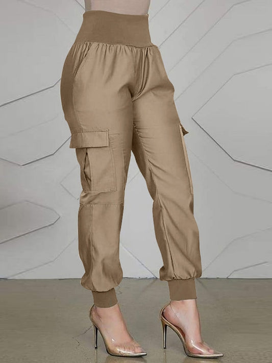Elastic Solid Vintage Elastic Waist Women's Cargo Pocketed Ankle-Length Pants to 5X Plus Size