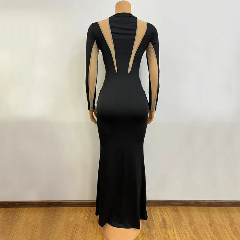Sheer Transparent Mesh Colorblock Diagonal Striped Irregular Mesh Patchwork Long Sleeve Bodycon Skinny Maxi Dress