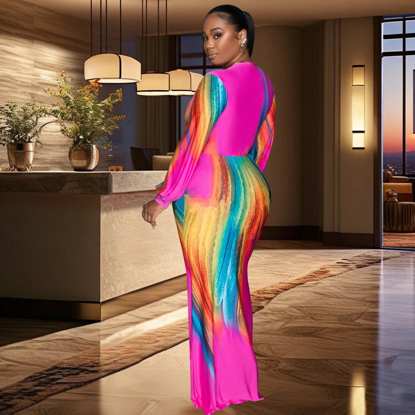 Rainbow Colorblock Gradient V-Neck Long Sleeve Ruched Maxi Dress