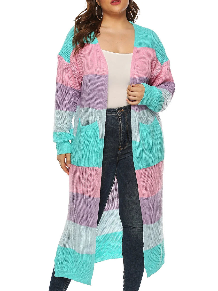 Striped Colorblock Women's Open FrontLong Sleeve Contrast Color Maxi Cardigan Sweater to 3X Plus Size
