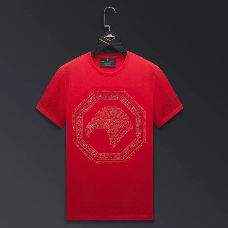 Men's Rhinestone Eagle Print Streetwear O Neck Short Sleeve Cotton T-Shirt