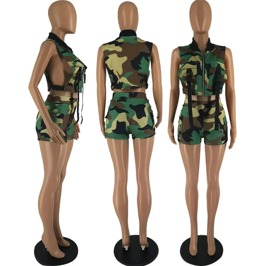 Camoflauge Print Hanging Strap Design Sleeveless Pocketed Zipper Cropped Vest + Matching Mini Cargo Shorts 2-Piece Set