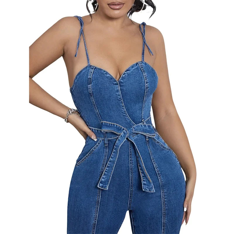 Denim Blue Corset Top Spaghetti Strap Flared Leg Women's Sash Belted Jean Jumpsuit