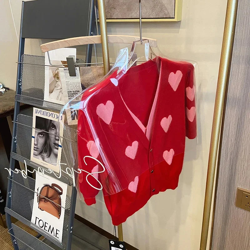 Heart Print Short Sleeve V-Neck Cardigan Women's Knitted Sweater