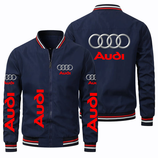 Men's Motorcycle Audi Car Logo Print Rib Sleeve Biker Racing Bomber Jacket
