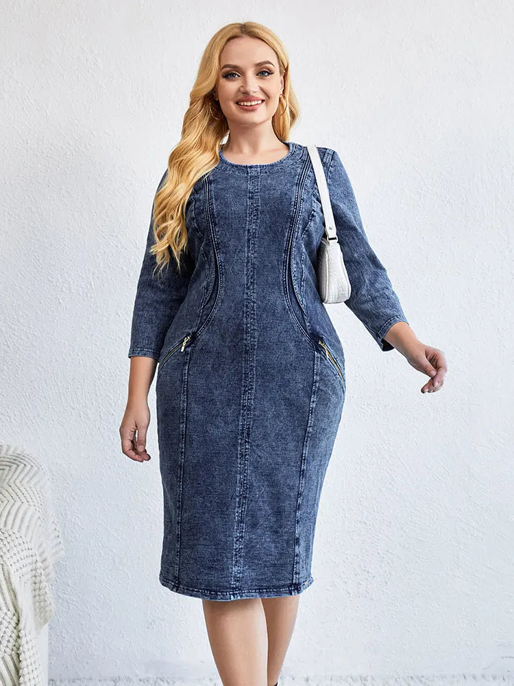 Denim Dark Blue Washed Loose O-Neck Long Sleeve Midi Jean Dress to 4X Plus Size