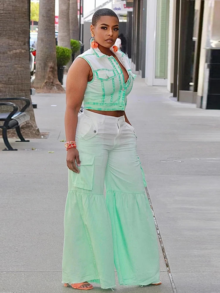 Green/White Tie-Dye Colorblock Sleeveless Button-Up Crop Top + Ruffled Wide Leg Women's Cargo Pants 2-Piece Set