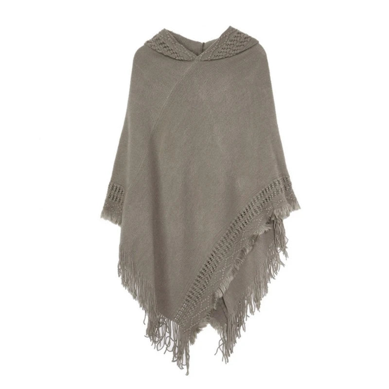 Oversized Knitted Hooded Poncho Cape Solid Shawl Wrap Pullover Cloak Sweater
