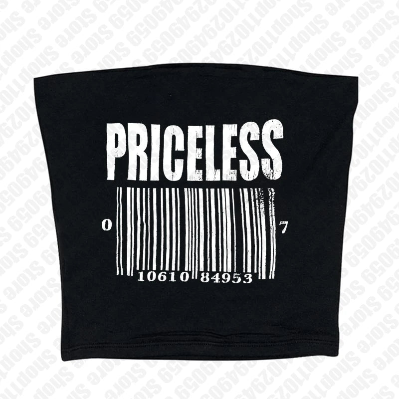 Vintage Black 3D Barcode "Priceless"Letter Print Short Sleeve Women's T-Shirt/Crop Top