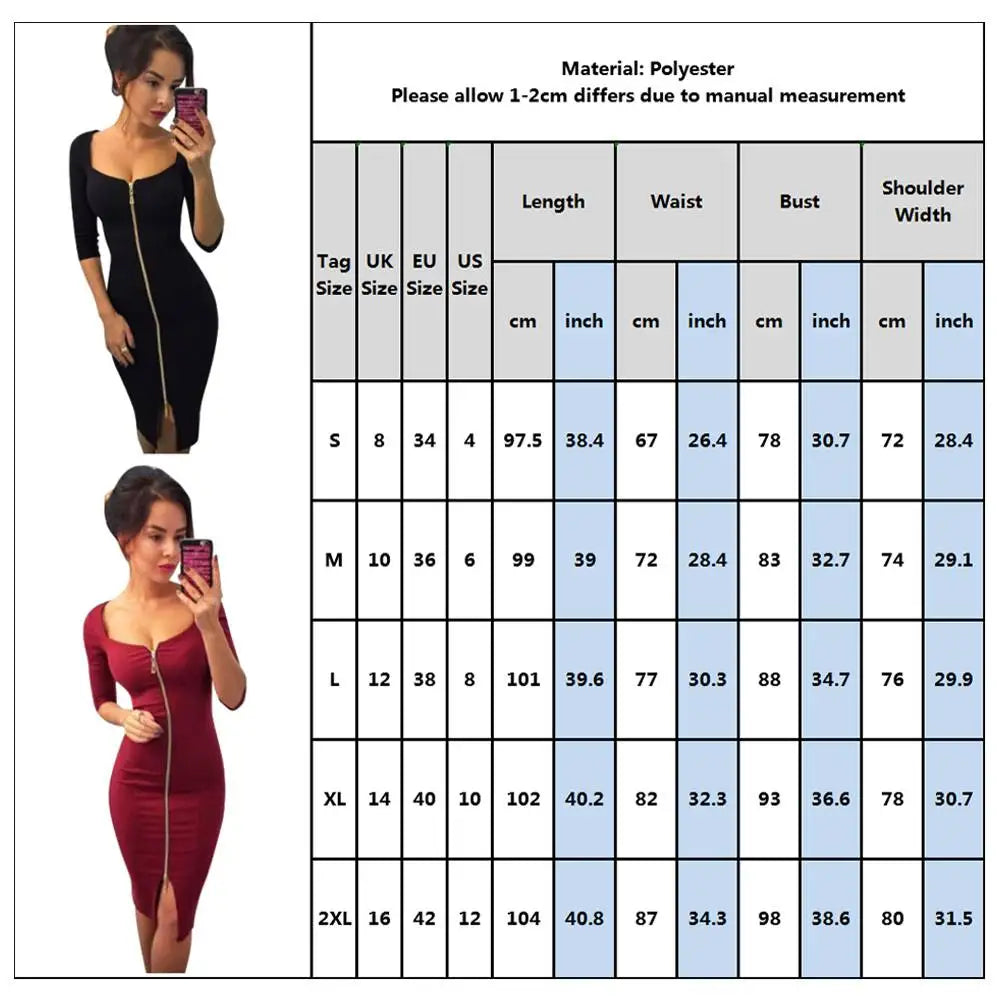 Square Neck Patchwork Zipper Front Solid Color Short Sleeve Skinny Midi Office Dress