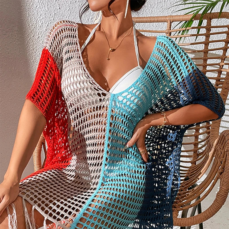 Knitted Striped Colorblock Contrast Tassel Hollow-Out Net Design Women's V-Neck Loose Beach Swimsuit Cover-Up