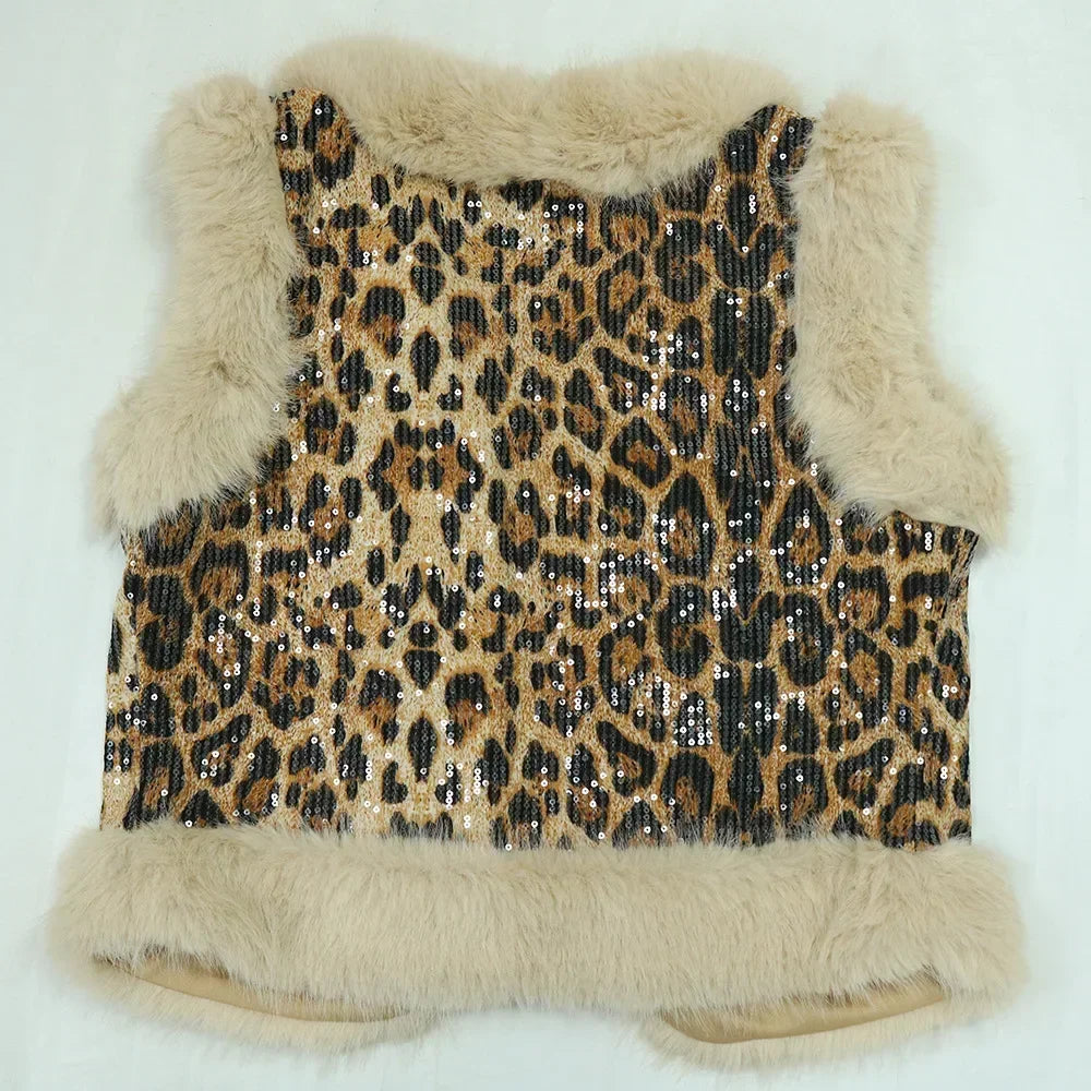 Sleeveless Faux Fur Leopard Sequined V-Neck Wool Women's Vest + Pants 2-Piece Set