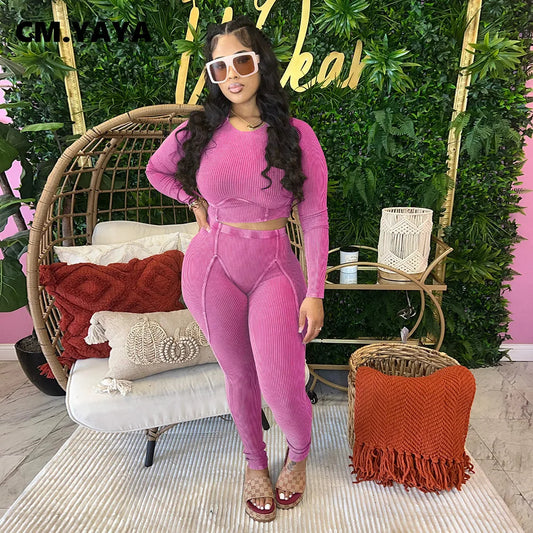 Ribbed Knitted Women's Set Long Sleeve Crop Fitness Top + Matching Leggings 2-Piece Set