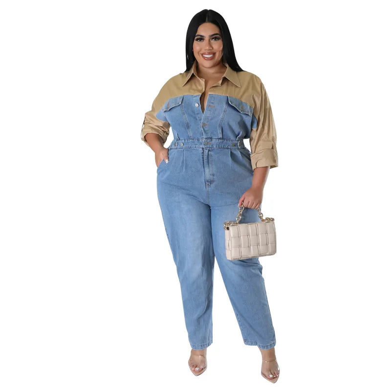 Denim Colorblock Long Sleeve Turn-Down Button-Up Patchwork Elastic Waist Jean Jumpsuit to 5X Plus Size