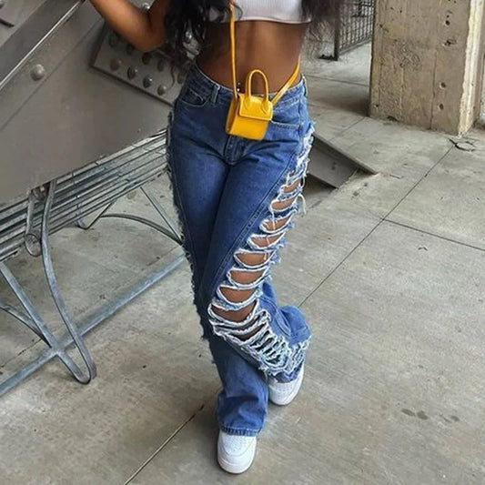 Denim Washed Ripped Hollow-Out Retro Lace-Up Skinny Wide Leg Women's Jeans