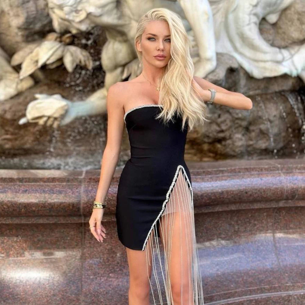 Black Metallic Tassel Detail Off-the-Shoulder Bodycon Diamond Chain Bandage Mini Party Dress