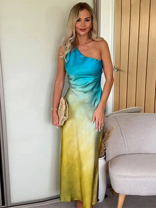 Gradient Asymmetrical Colorblock Sleeveless One Shoulder Backless Maxi Dress