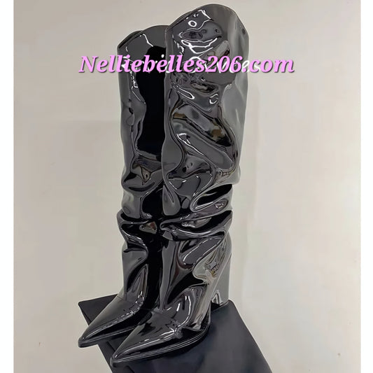 Mirror Ruched Pointed Toe Chunky Heel Shiny Patent Leather Pleated Over-the-Knee Boots