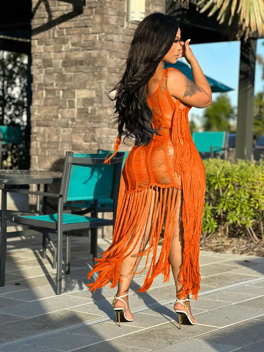 Crochet Knitted Ribbed Hollow-Out Tassel Fringe Hem Sleeveless Beach Maxi Swimsuit Cover-Up Dress