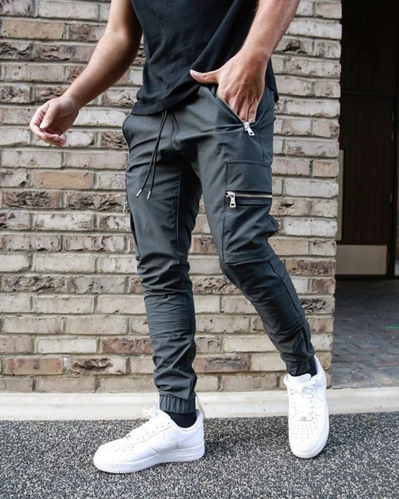 Men's Zipper Pocket Design Drawstring Solid Cargo Pants