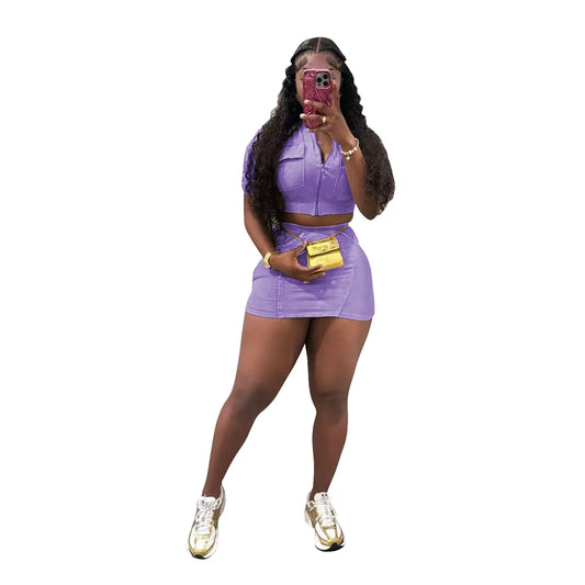 Cargo Multi-Pocket Knitted Solid Color Women's Washed Short Sleeve Crop Jacket + Mini Skirt 2-Piece Set