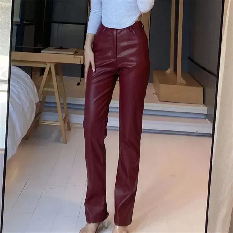 PU Leather Solid Color Women's Flared Trouser Pants