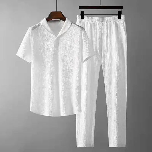Men's Solid Color Polo Shirt + Pants 2-Piece Set