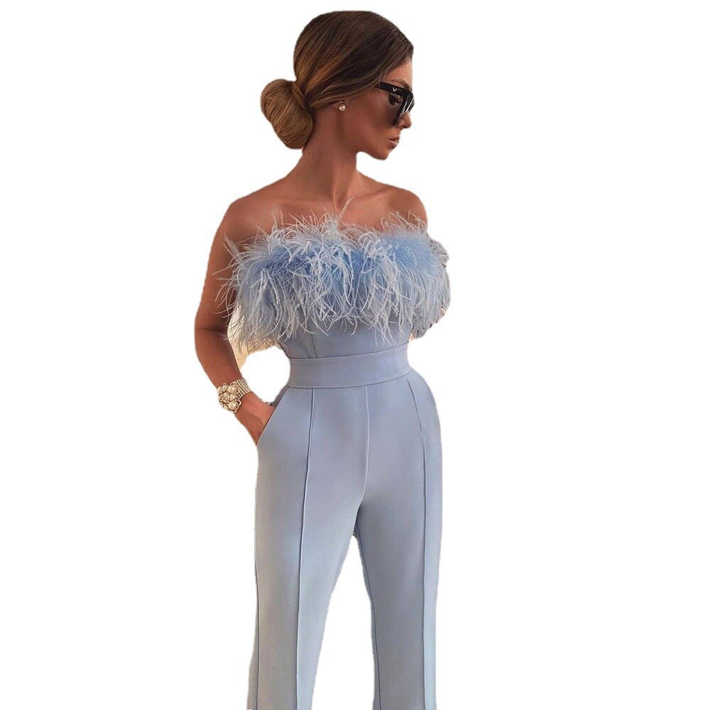 Feather Design Sleeveless Solid Color Tube Top Formal Party Jumpsuit