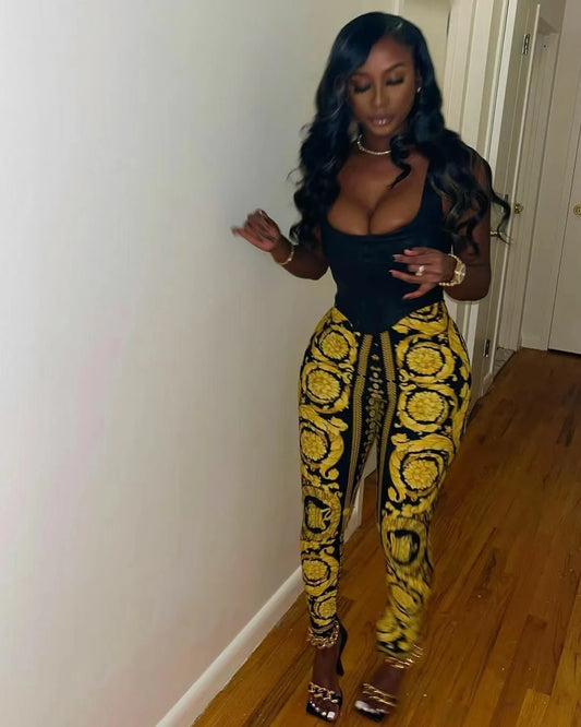 Black/Yellow Baroque Print Women's Fitness Workout Spandex Leggings