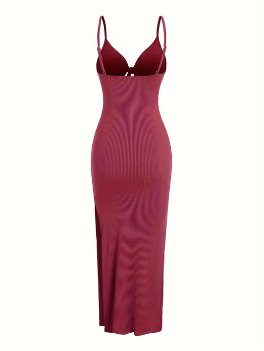 Ribbed Bowknot Design Spaghetti Strap V-Neck Knitted Sleeveless Solid Color High Slit Maxi Dress