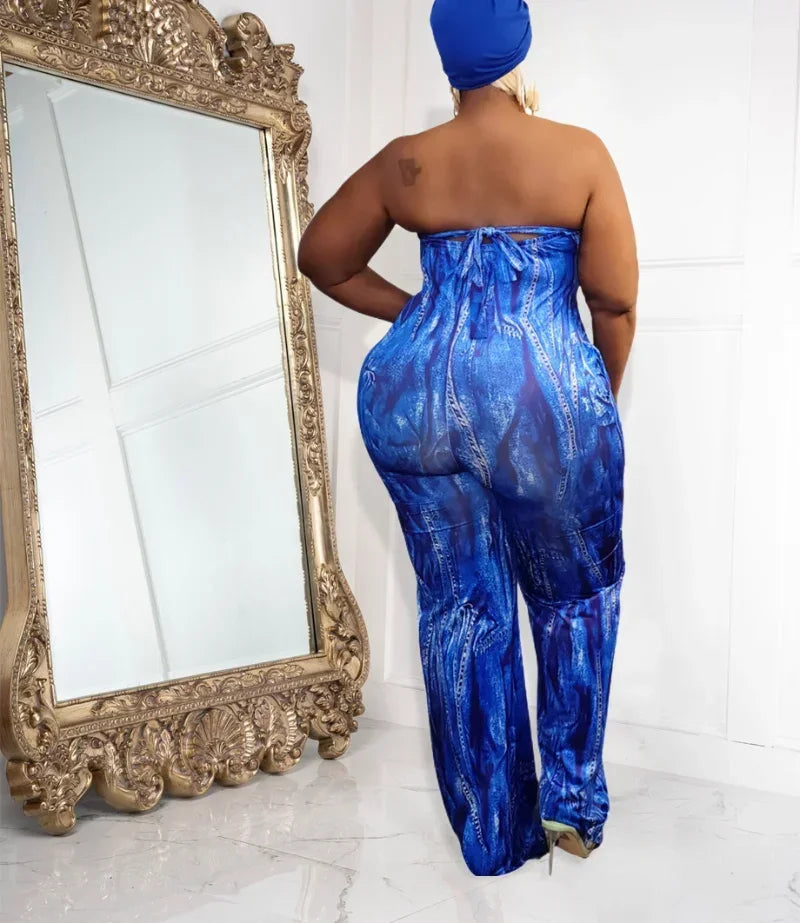 Blue Gradient Striped Strapless Tube High Waist Straight Wide Leg Jumpsuit to 5X Plus Size