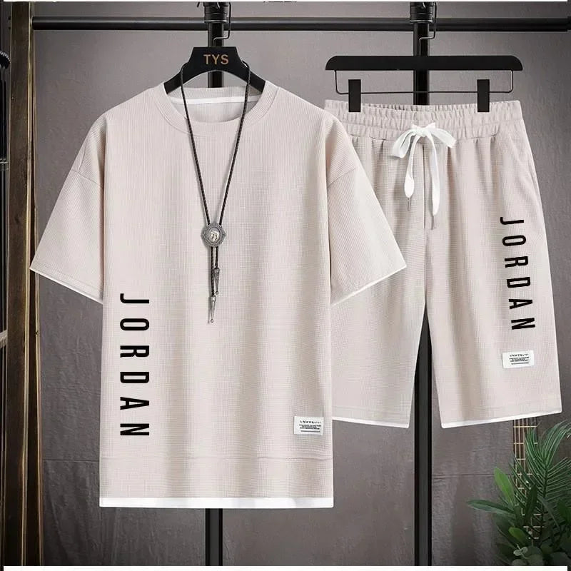 Men's Fitness "Jordan" O-Neck Short Sleeve T-Shirt + Drawstring Basketball Shorts 2-Piece Set