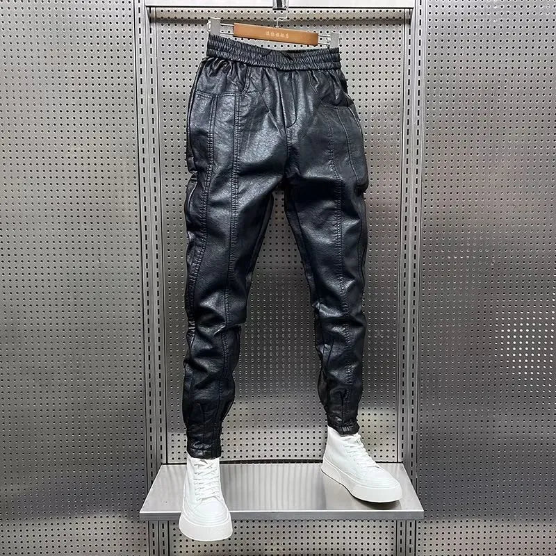 Men's Black Faux Leather Elastic Waist Streetwear Pants