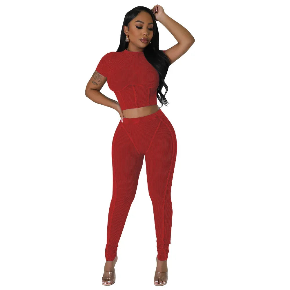 Ribbed Knitted Bandage Women's Plain Stitch Short Sleeve Solid Color Crop Top + Bare Waist Skinny Leggings 2-Piece Set