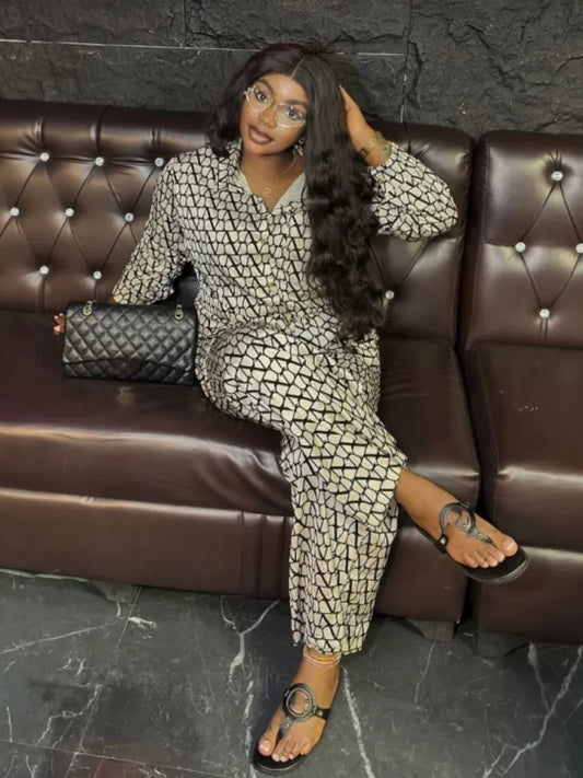 Off-White/Black Monogram Print Long Sleeve Women's Oversized Blouse + Loose Wide Leg Pants Matching 2-Piece Set