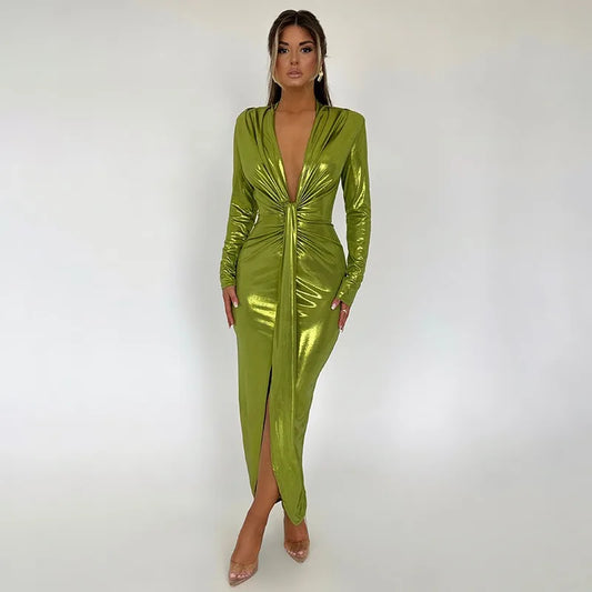 Metallic Gilding Solid Color Deep V-Neck Long Sleeve Ruched High Slit Bodycon Maxi Dress