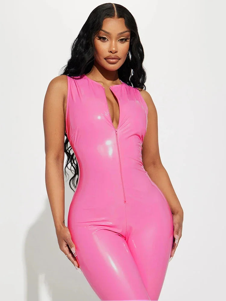 Shiny PVC Patent Leather Women's Sleeveless Zipper Front Bodycon Skin Tight Jumpsuit