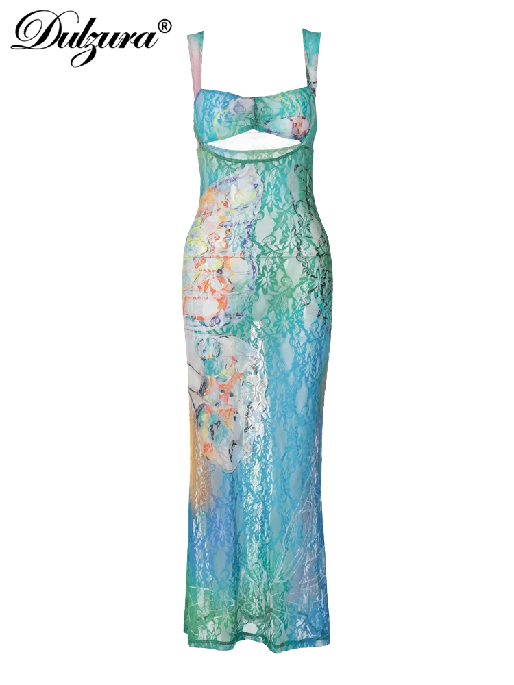 Floral Lace Print Cut-Out Spaghetti Strap Bodycon Skinny Fit Party/Club Streetwear Bandage Maxi Dress