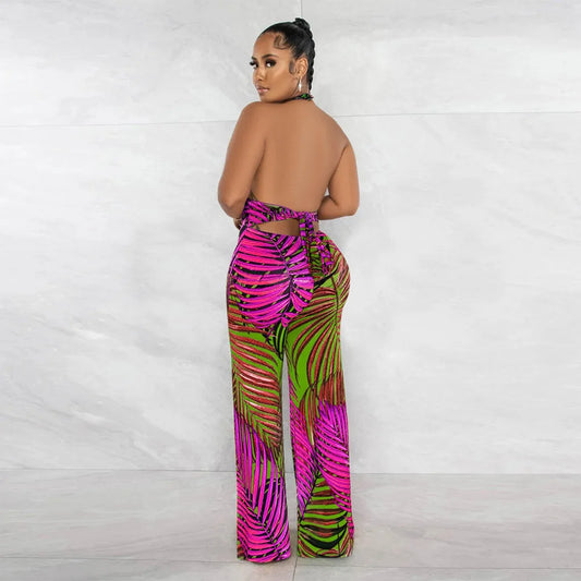 Tropical Print Hollow-Out Halter Strap Backless Sleeveless Jumpsuit
