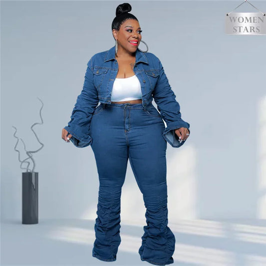 Denim Dark Blue Women's 2-Piece Set Long Puff Sleeve Jean Jacket + Stretch Stacked Jeans 2-Piece Set to 4X Plus Size