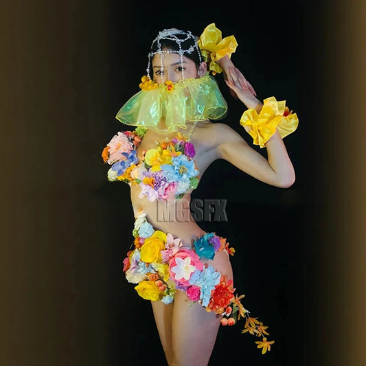 Rhinestone Bright Rainbow Embroidered Flower Bikini Costume