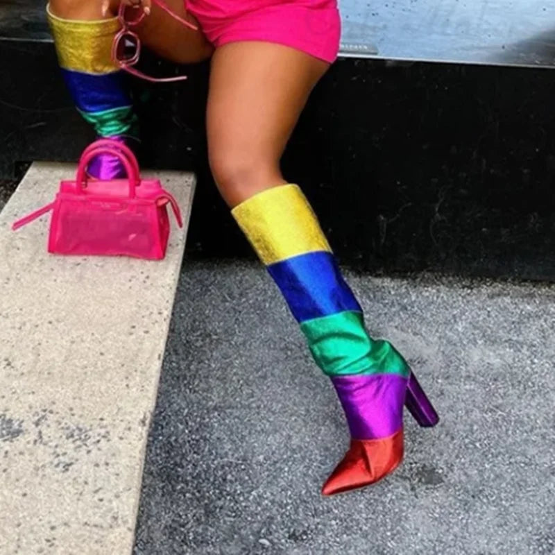Rainbow Multi-Color Striped Colorblock Patchwork Pointed Toe Block Heel Knee High Women's Boots