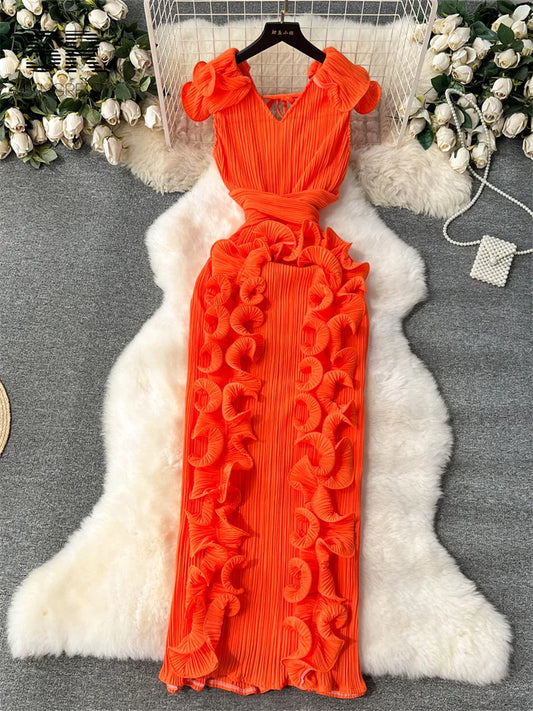Rose Flower Ribbed Ruffled Design Off-the-Shoulder Sleeveless Solid O-Neck Elastic Waist Formal Maxi Dress
