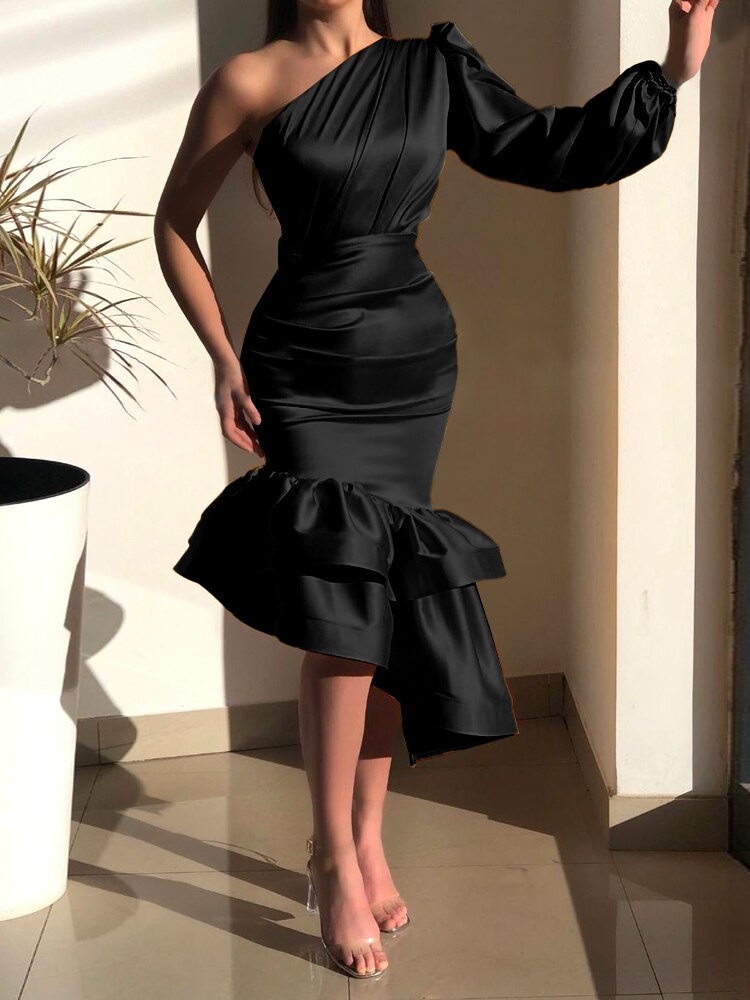 Satin Irregular Asymmetrical Ruffled Hem One Shoulder Long Sleeve Formal Dress to 4X Plus Size