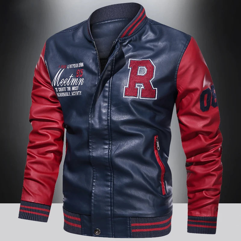 Men's PU Leather Colorblock Letter Print Letterman's Varsity Motorcycle Biker Racing Jacket