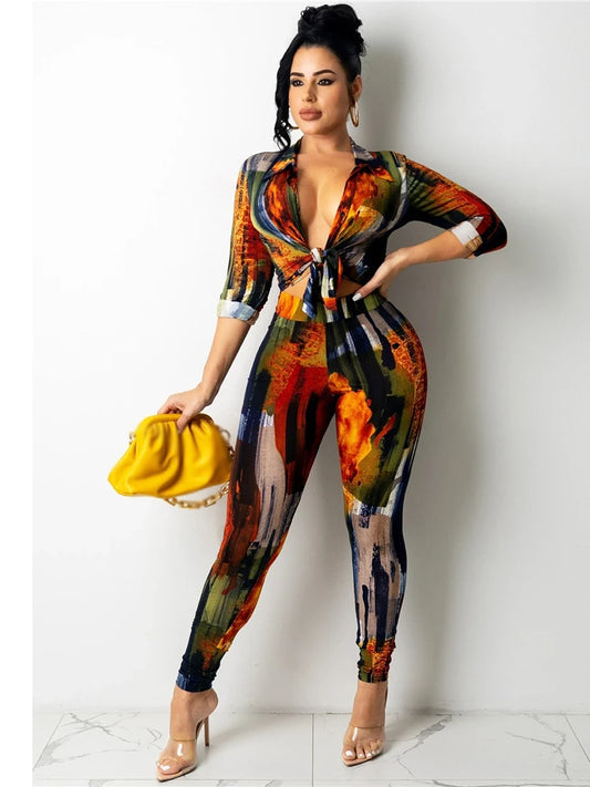 Colorblock Multi-Colored Geometric Tie-Dye Print Deep V-Neck Long Sleeve Shirt & Elastic Waist Leggings 2-Piece Set